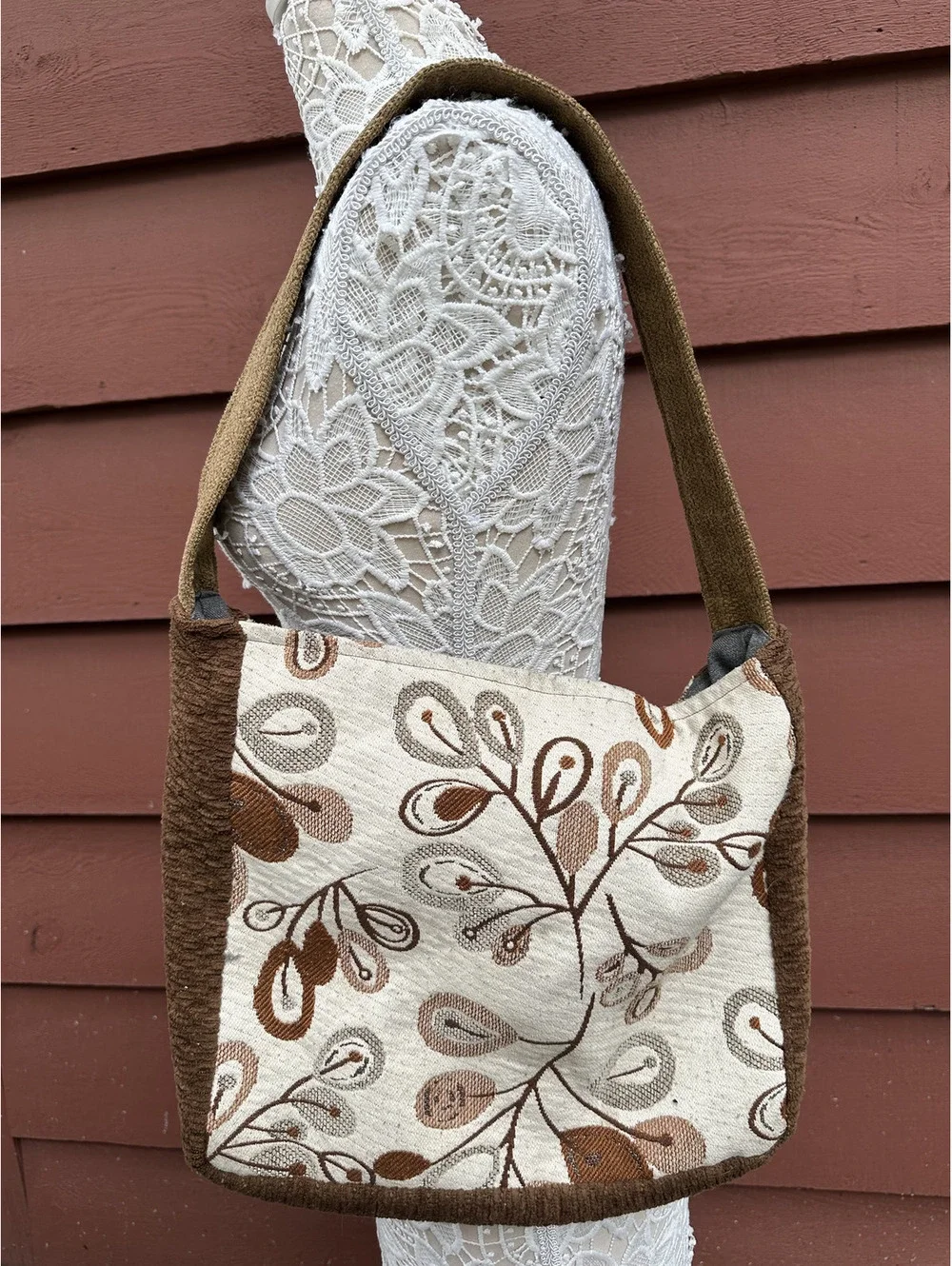 Handmade Bohemian Brown‎ and Cream Floral Tote Bag